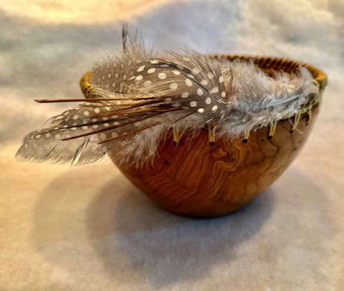 Turned Wooden Bowl (artist Jim Kall)
with Woven Pine Needles and Feathers